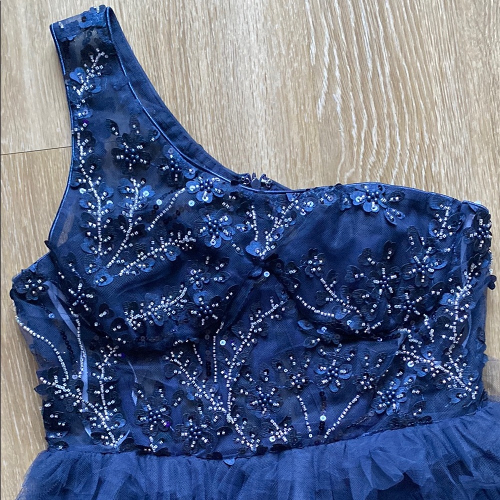 MOVING SALE - Fanciful Charm Navy Mesh Beaded Tiered One-Shoulder Mini Dress - Picture 2 of 4